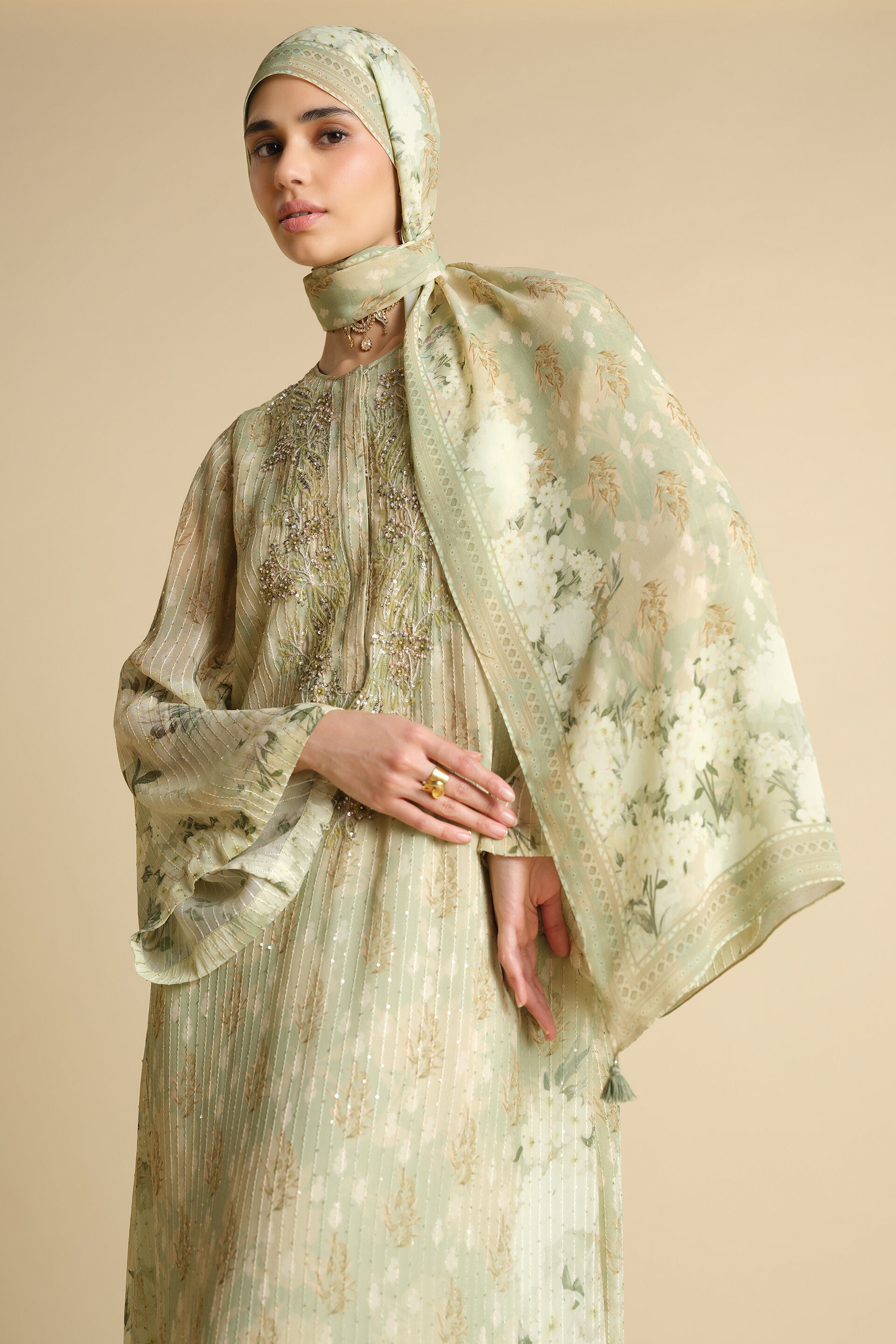 Suha Printed Stole - Sage, Sage, image 3